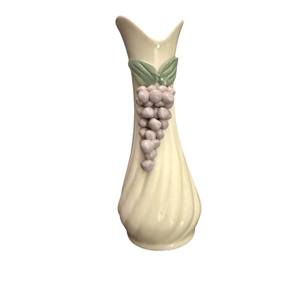 Ceramic White Swirl With Applied Purple Grapes And Leaves Bud Vase